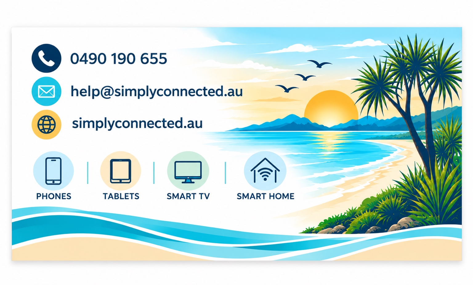 Simply Connected coastal contact graphic with phone number, email, website and service icons