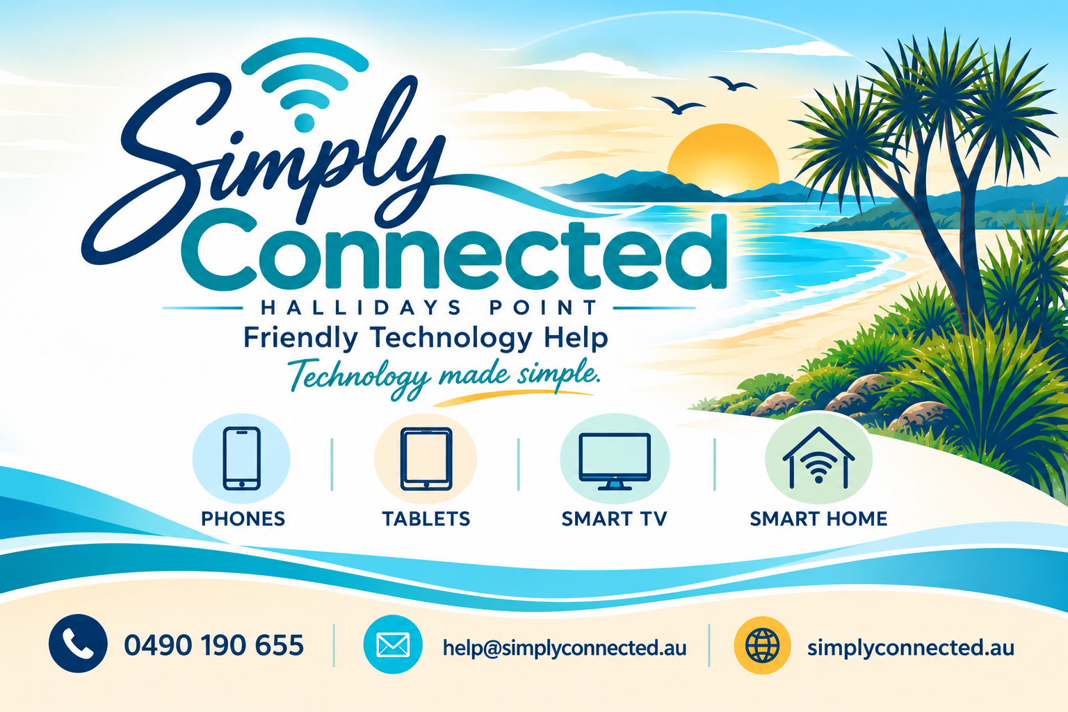 Simply Connected Hallidays Point — Friendly Technology Help. Technology made simple. Phones, tablets, Smart TV and smart home support. Phone 0490 190 655, help@simplyconnected.au, simplyconnected.au.